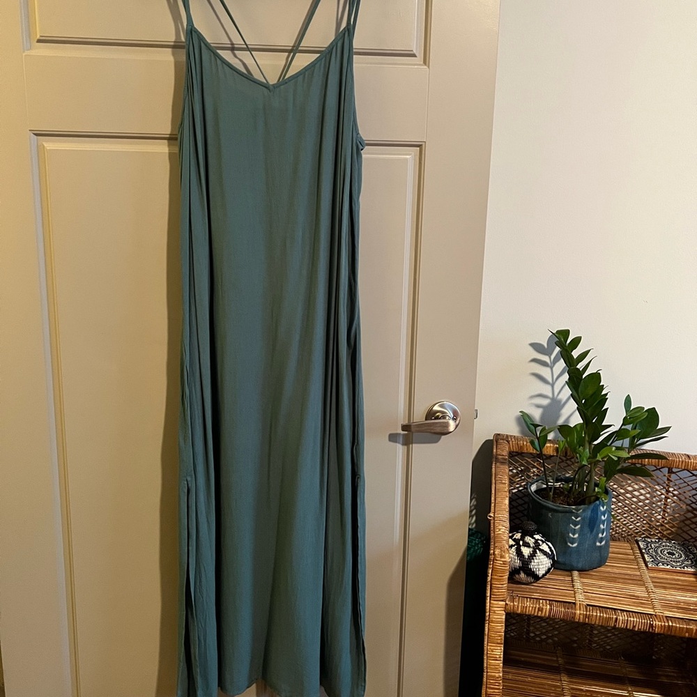 Teal Aerie maxi dress with side slit.